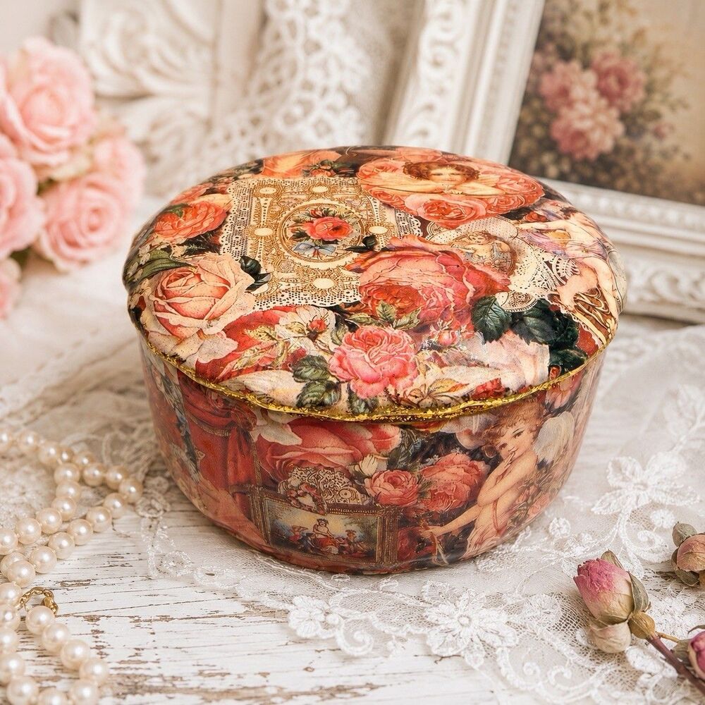 Victorian Romantic Decoupage Jewelry Trinket Box Roses Cherubs Gold Satin Lined